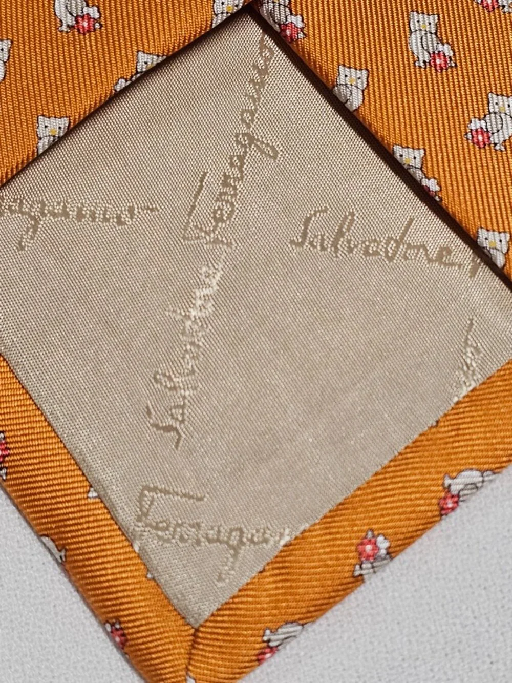 Salvatore Ferragamo Owl Print Men's Silk Tie Orange Background